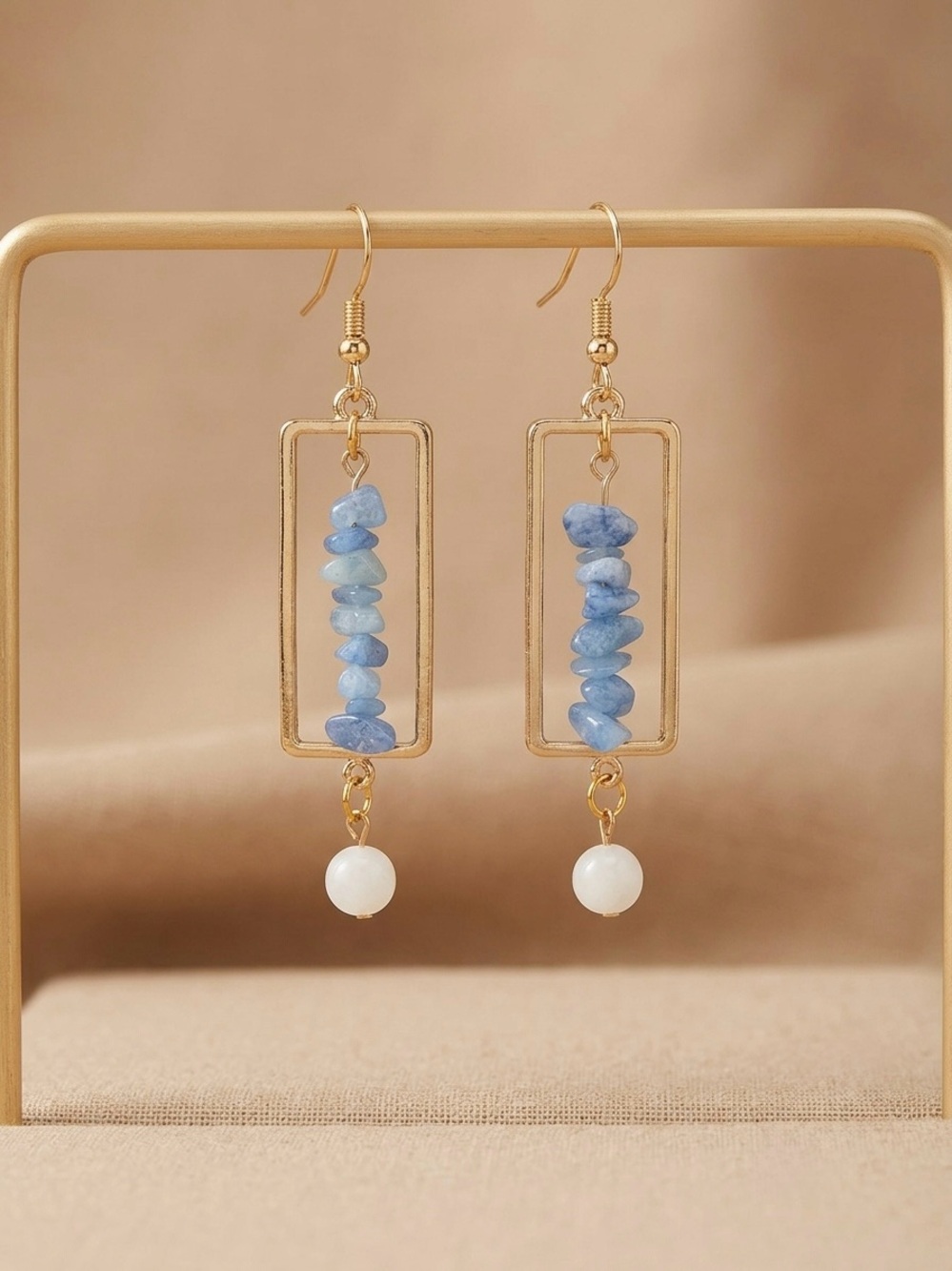 Handmade Gold-Frame Blue Chip Stone Drop Earrings with White Pearl